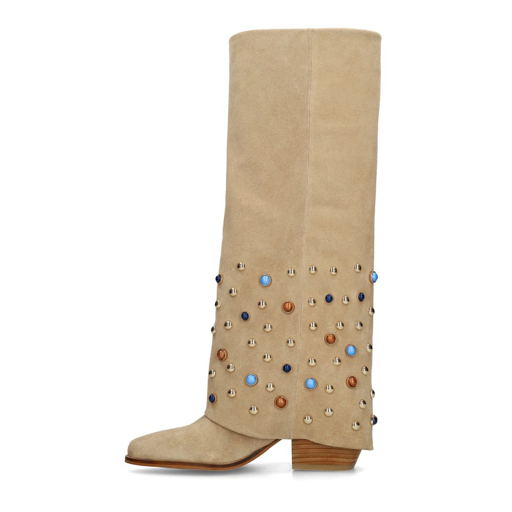 Beigefarbene Veloursleder-Stiefel mit Umschlag und Nieten