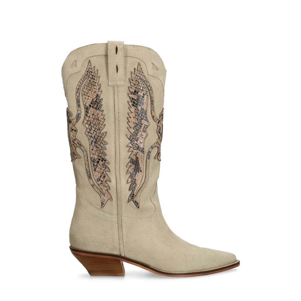 Beigefarbene Veloursleder-Cowboystiefel mit Stickerei
