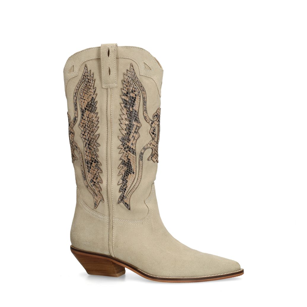 Beigefarbene Veloursleder-Cowboystiefel mit Stickerei