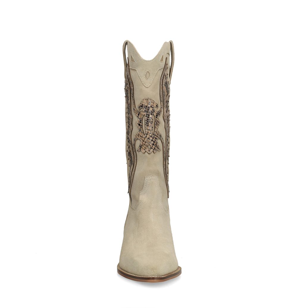 Beigefarbene Veloursleder-Cowboystiefel mit Stickerei
