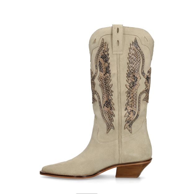 Beigefarbene Veloursleder-Cowboystiefel mit Stickerei