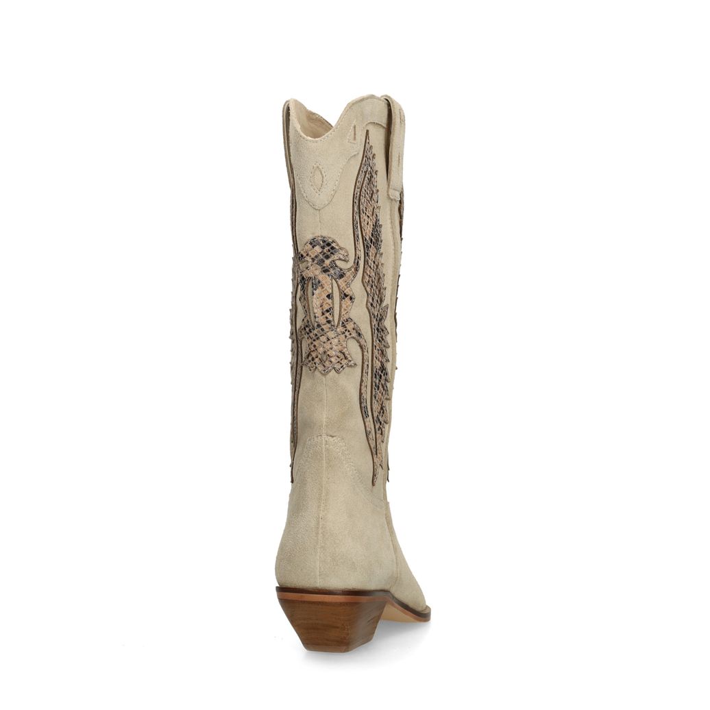 Beigefarbene Veloursleder-Cowboystiefel mit Stickerei