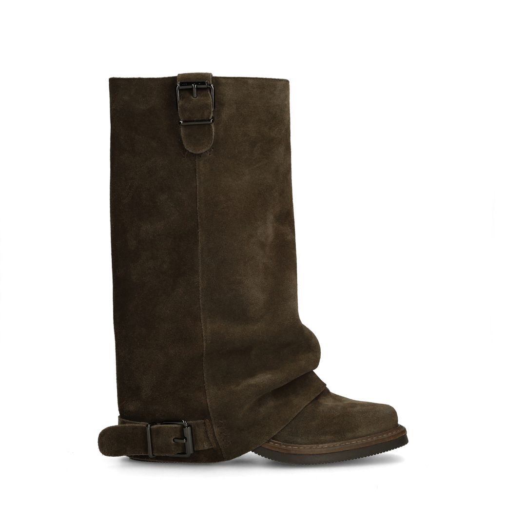 Braune Biker Boots aus Veloursleder mit Umschlag