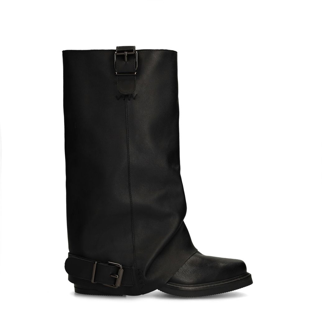 Bottines motardes en cuir avec rabat - noir