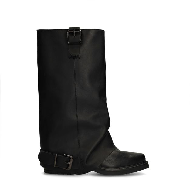 Zwarte leren biker boots met flap