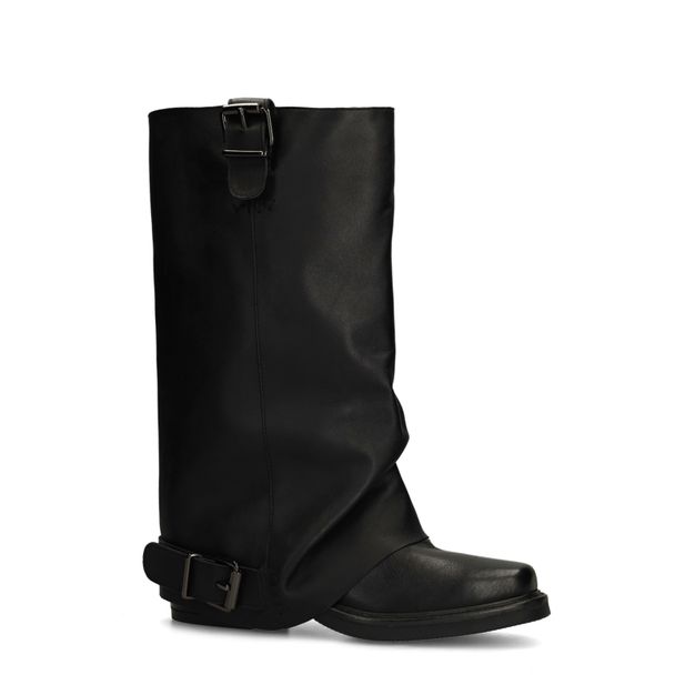 Bottines motardes en cuir avec rabat - noir