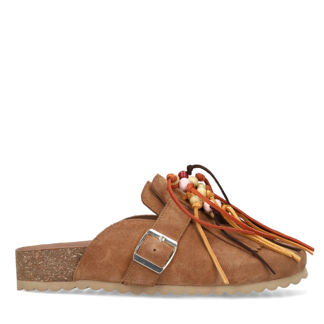 Cognacfarbene Veloursleder-Clogs mit Fransen