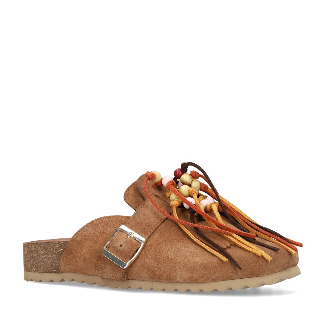 Cognac suède clogs met franjes