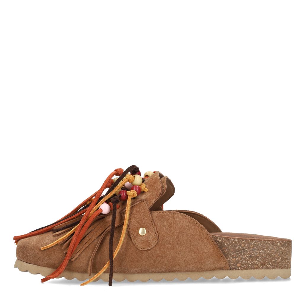 Cognacfarbene Veloursleder-Clogs mit Fransen