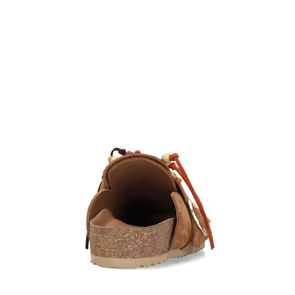 Cognacfarbene Veloursleder-Clogs mit Fransen