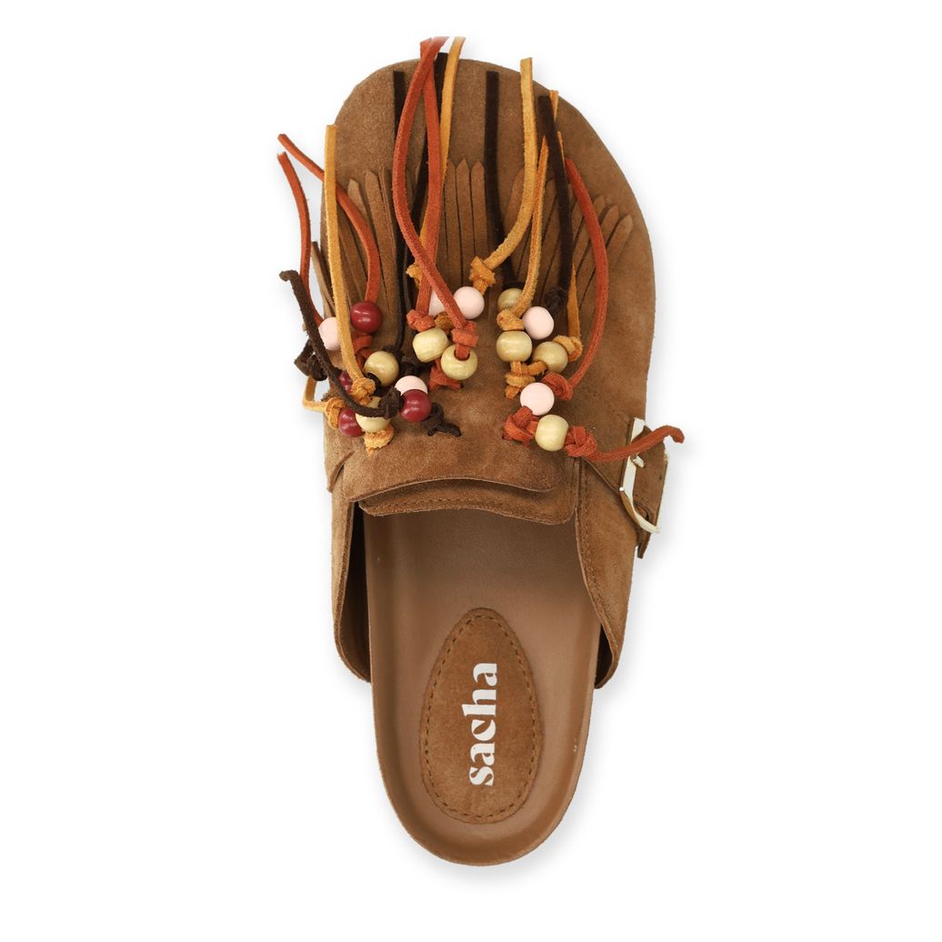 Cognac suède clogs met franjes