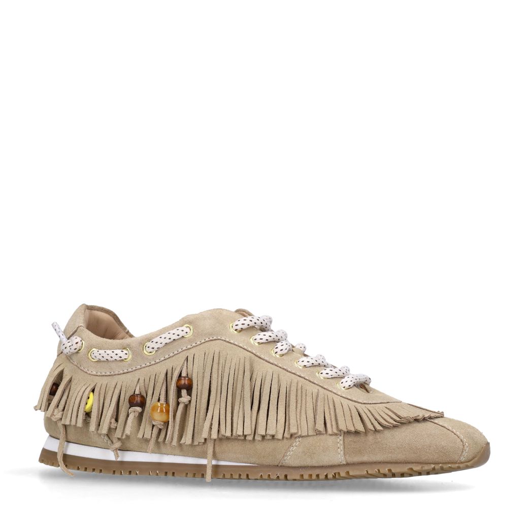 Beige suède sneakers met franjes