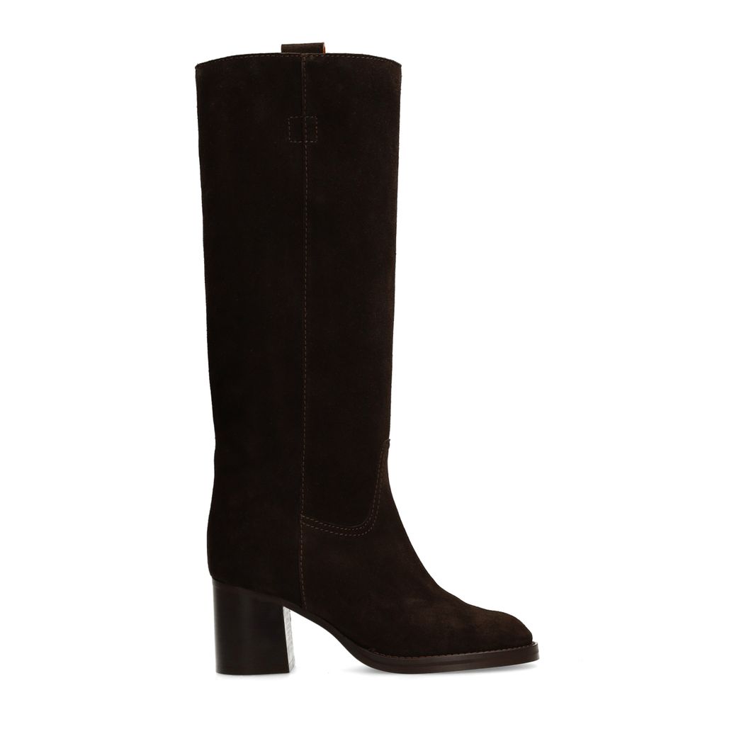 Dunkelbraune Veloursleder-Stiefel mit Absatz