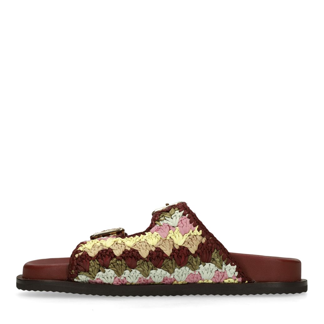 Rode slippers met goudkleurige buckles