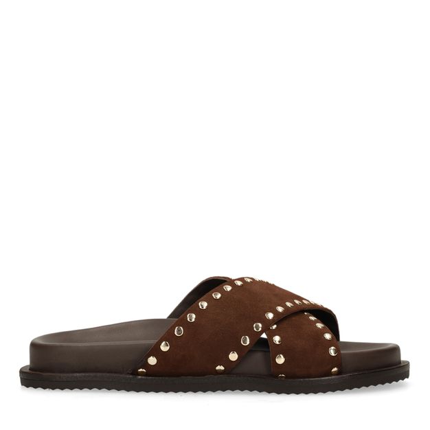 Claquettes en daim avec clous - marron