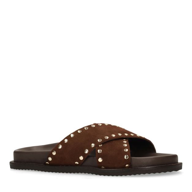 Claquettes en daim avec clous - marron