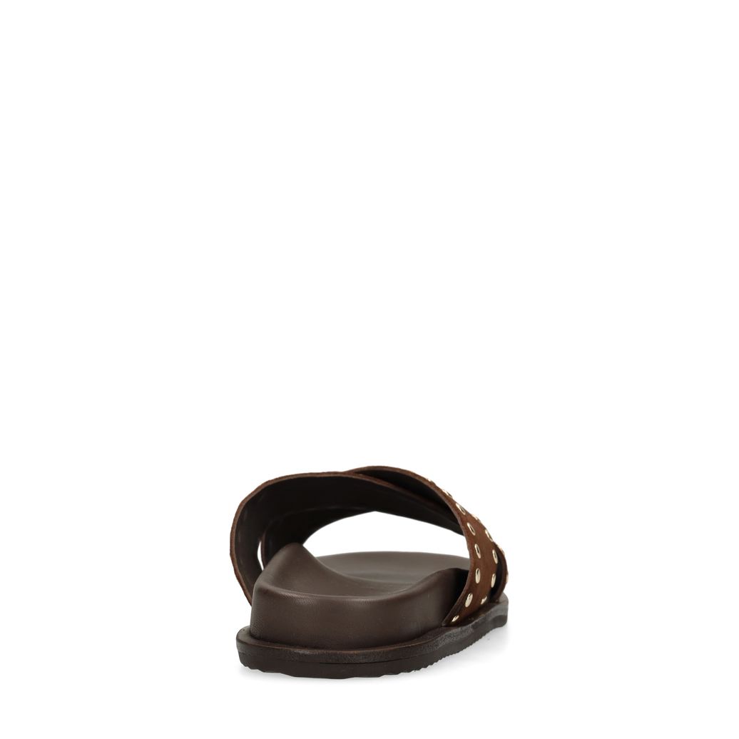 Bruine suède slippers met goudkleurige studs