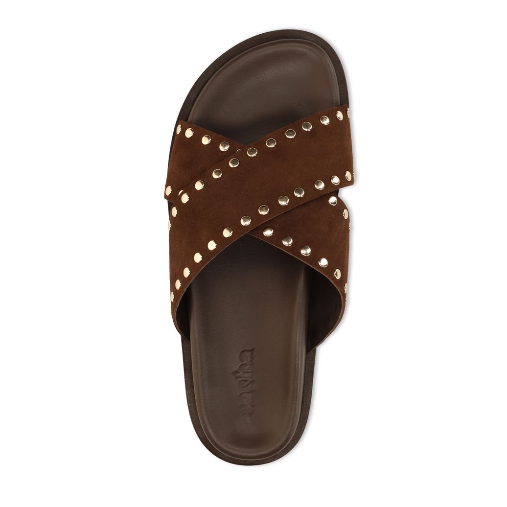Braune Veloursleder-Sandalen mit goldfarbenen Nieten