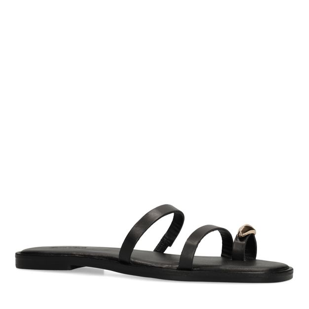 Schwarze Ledersandalen mit goldfarbenem Detail