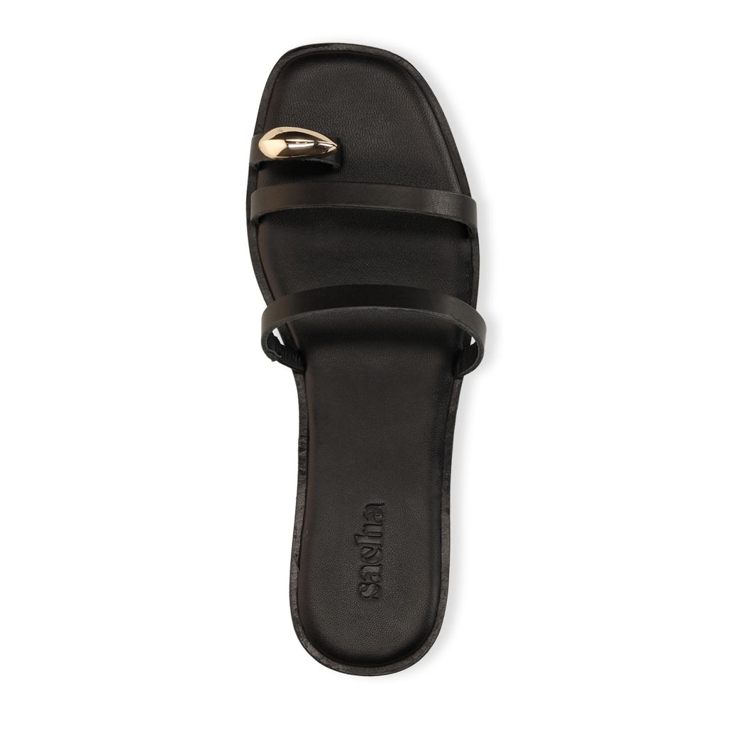 Zwarte leren slippers met goudkleurig detail