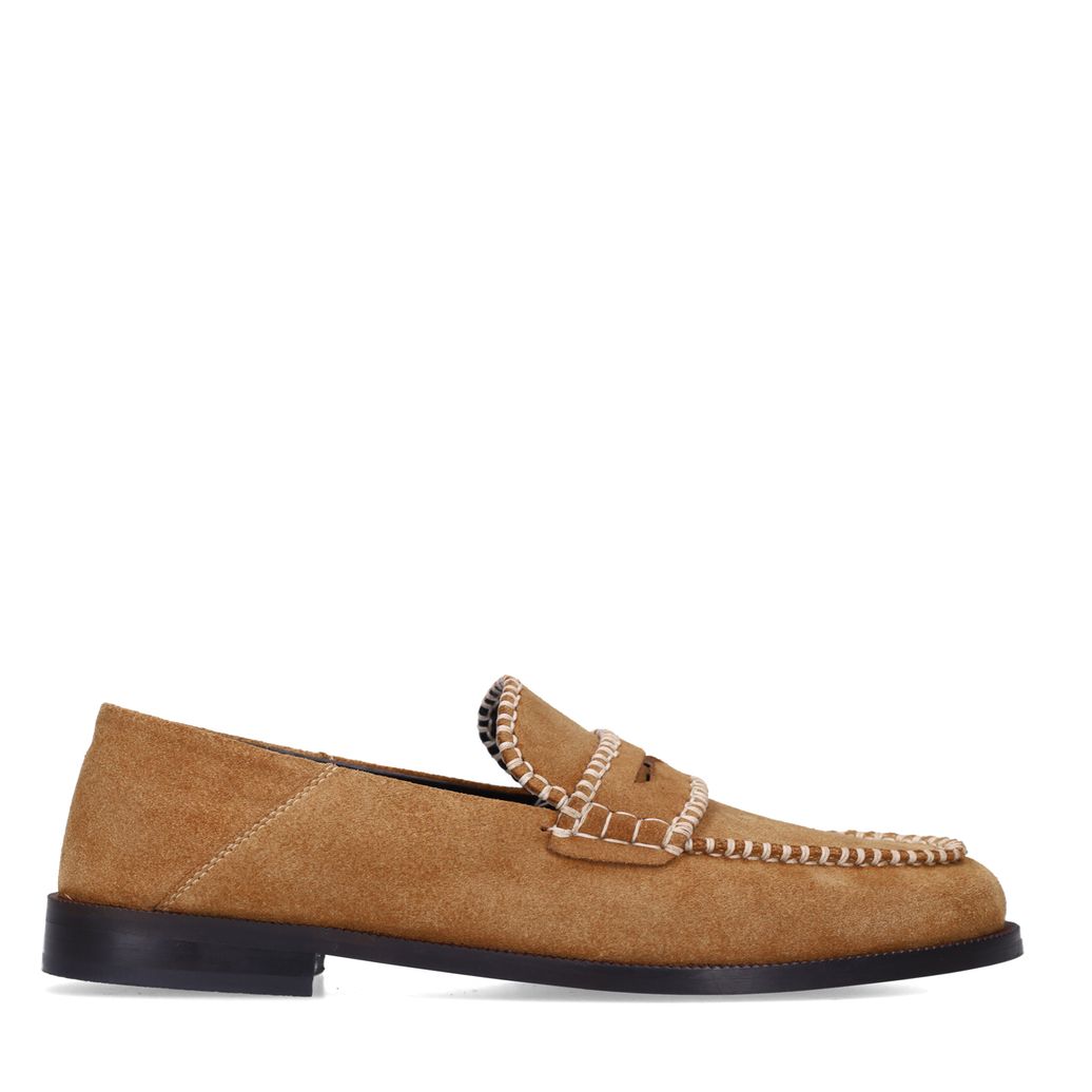 Cognacfarbene Veloursleder-Loafer mit Sticknähten