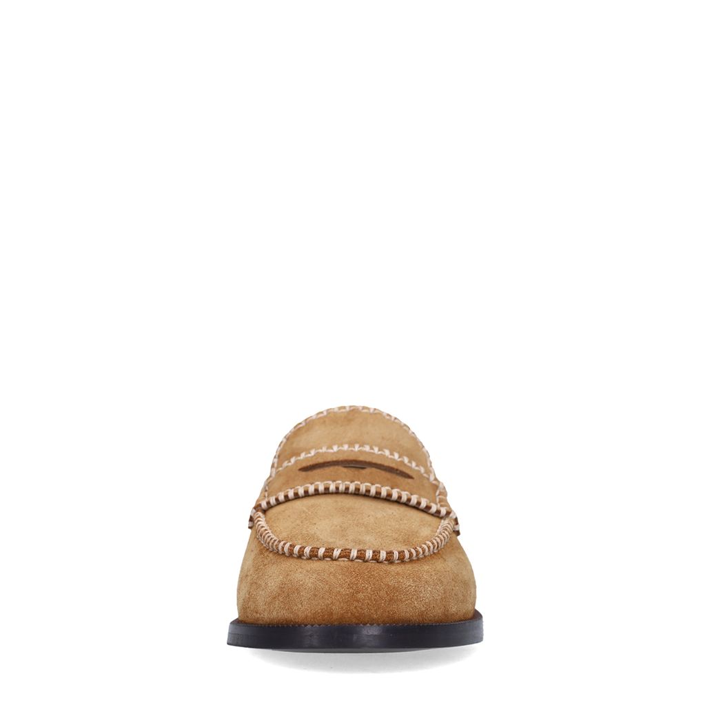 Cognac suède loafers met gestikte details