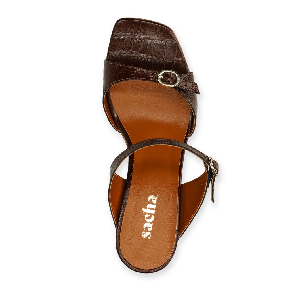 Sandales à talon en cuir avec motif croco - marron