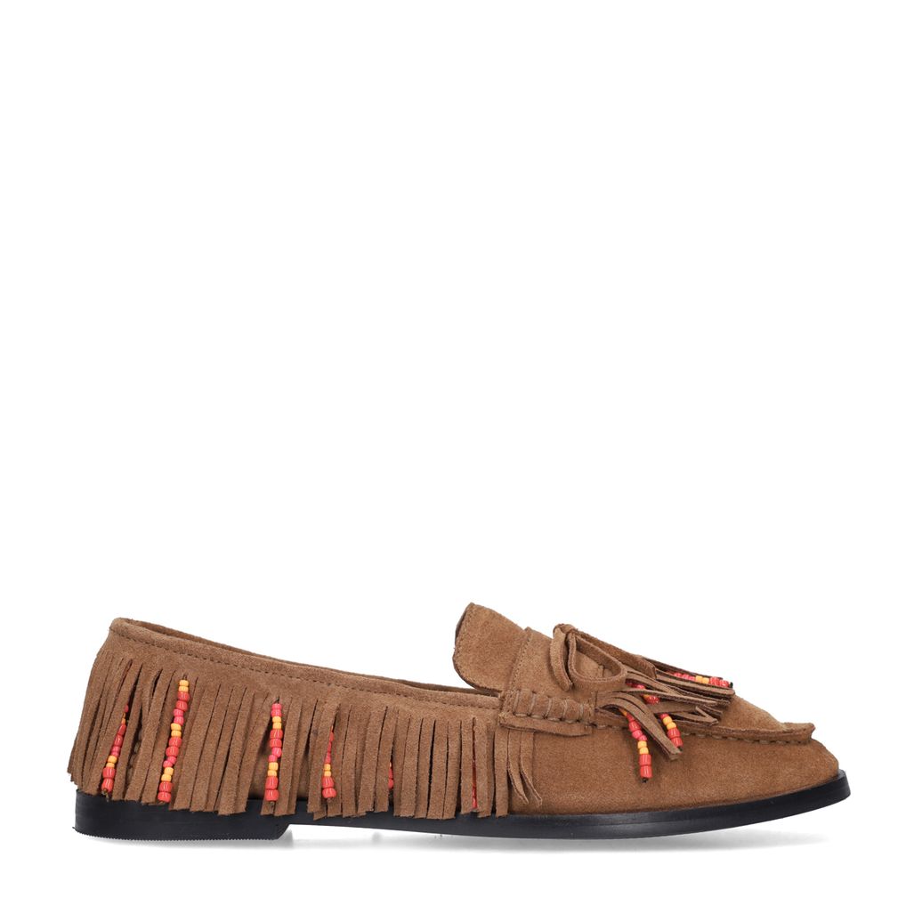 Cognac suède loafers met franjes