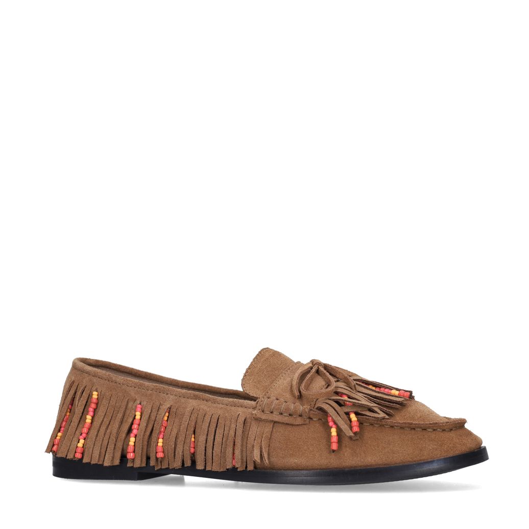 Cognac suède loafers met franjes