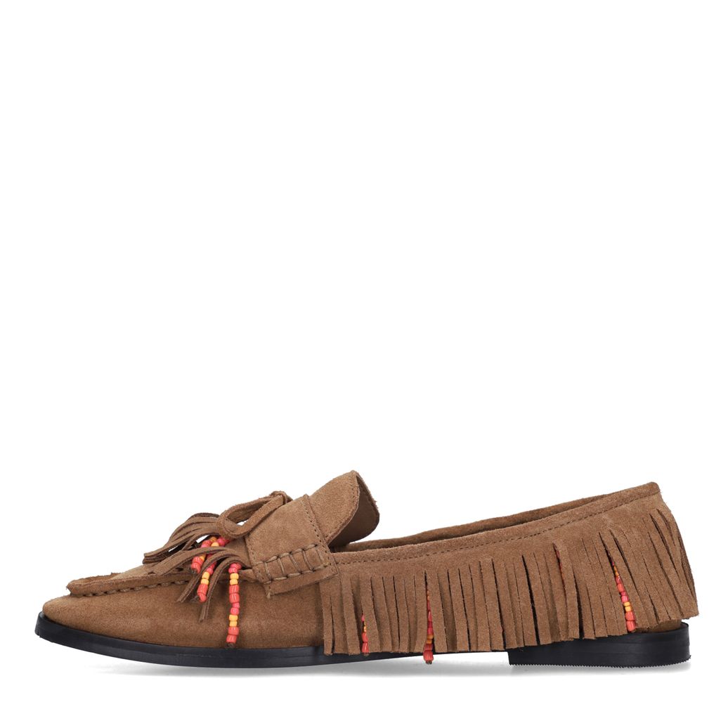 Cognac suède loafers met franjes