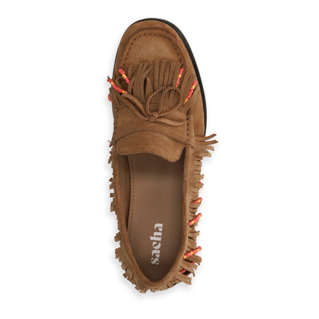 Cognac suède loafers met franjes