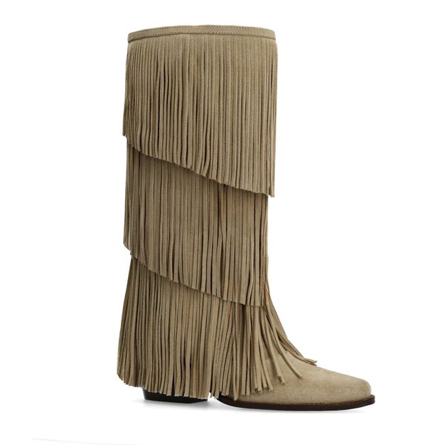 Beigefarbene Velourslederstiefel mit Fransen