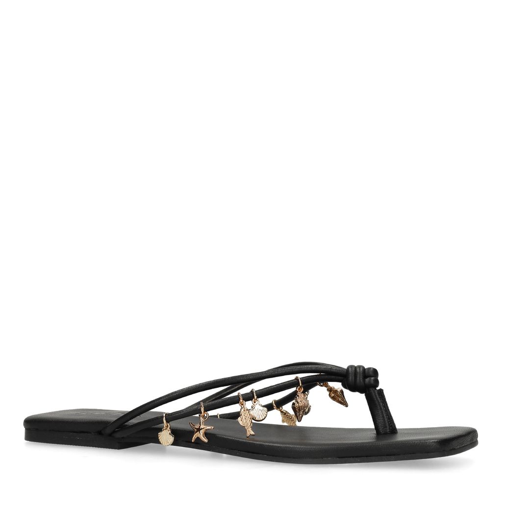 Zwarte leren slippers met goudkleurige charms