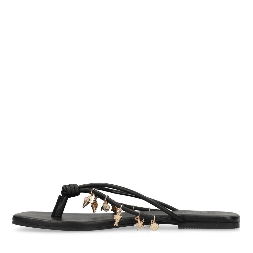 Zwarte leren slippers met goudkleurige charms