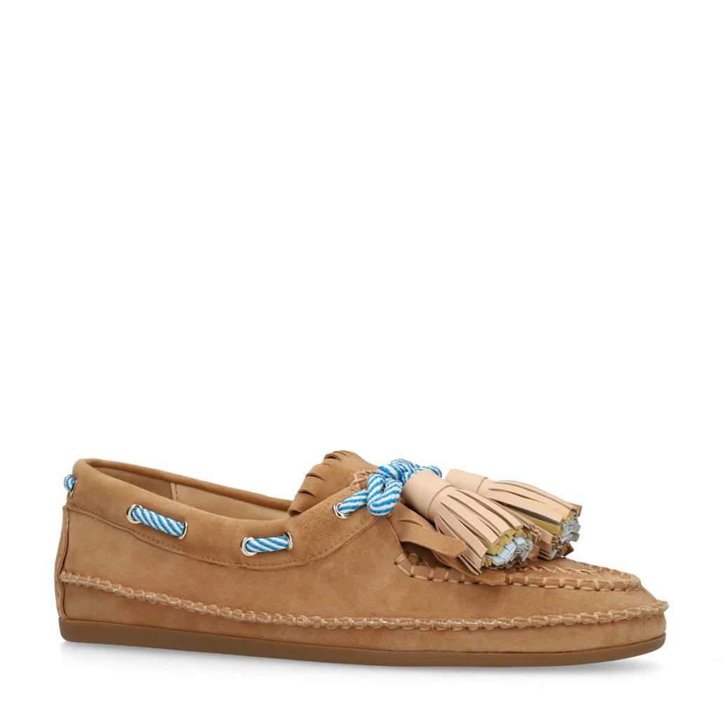 Beige suède bootschoenen met franjes