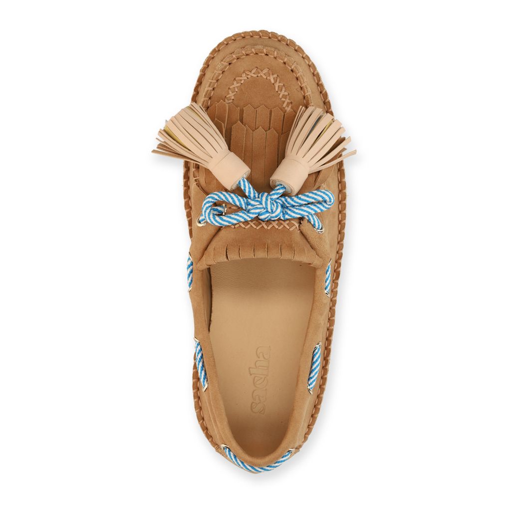 Beige suède bootschoenen met franjes