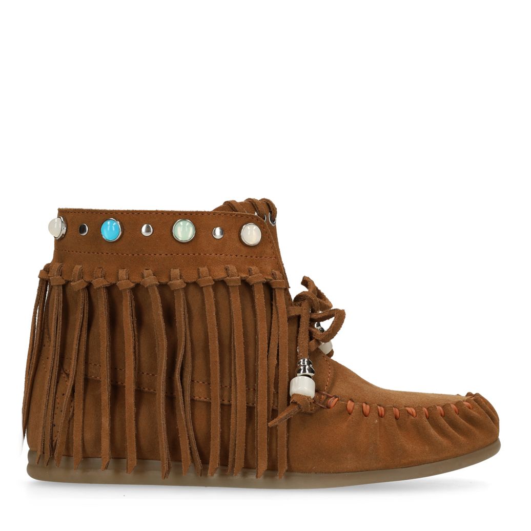 Cognacfarbene Veloursleder-Schnürschuhe mit Fransen