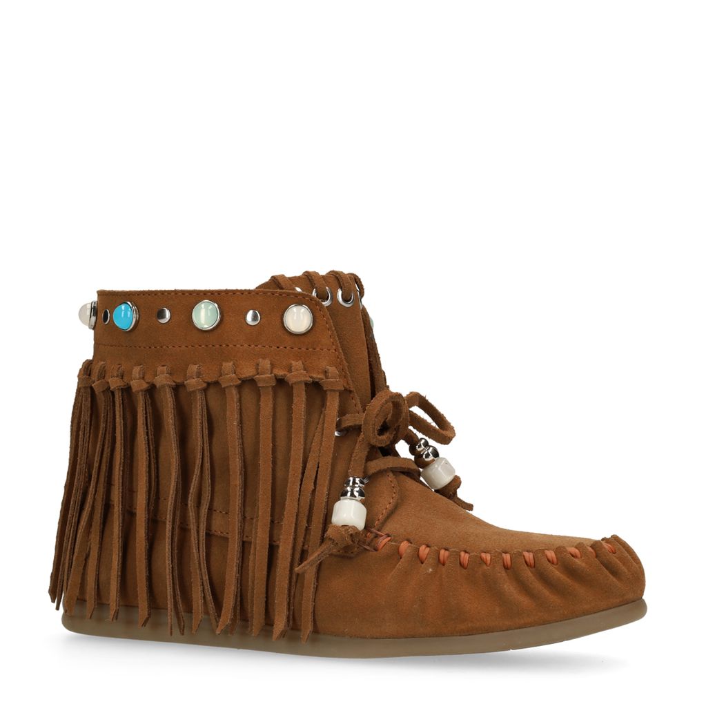 Cognacfarbene Veloursleder-Schnürschuhe mit Fransen
