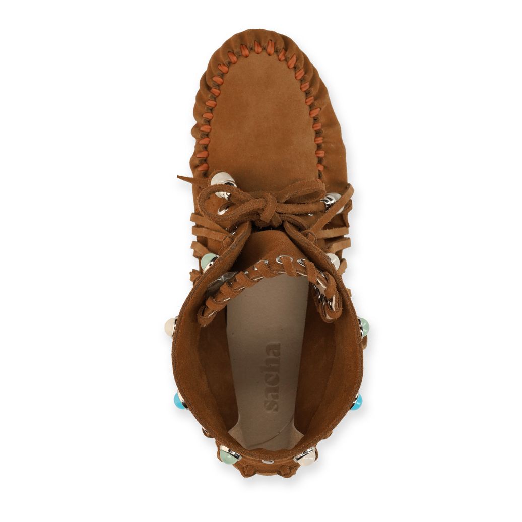 Cognac suède veterschoenen met franjes