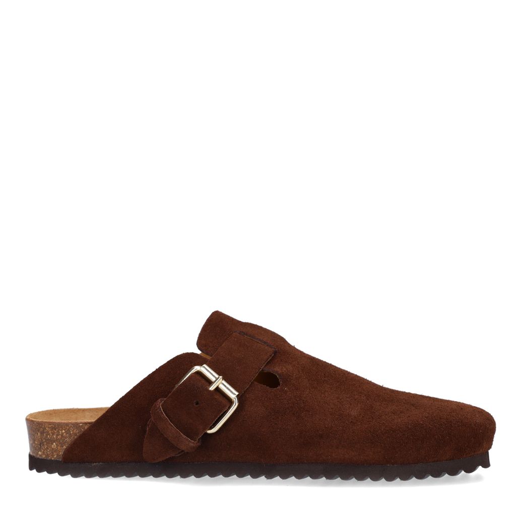 Braune Veloursleder-Clogs mit Schnalle