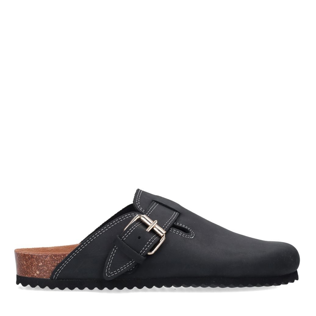 Zwarte leren clogs met gesp