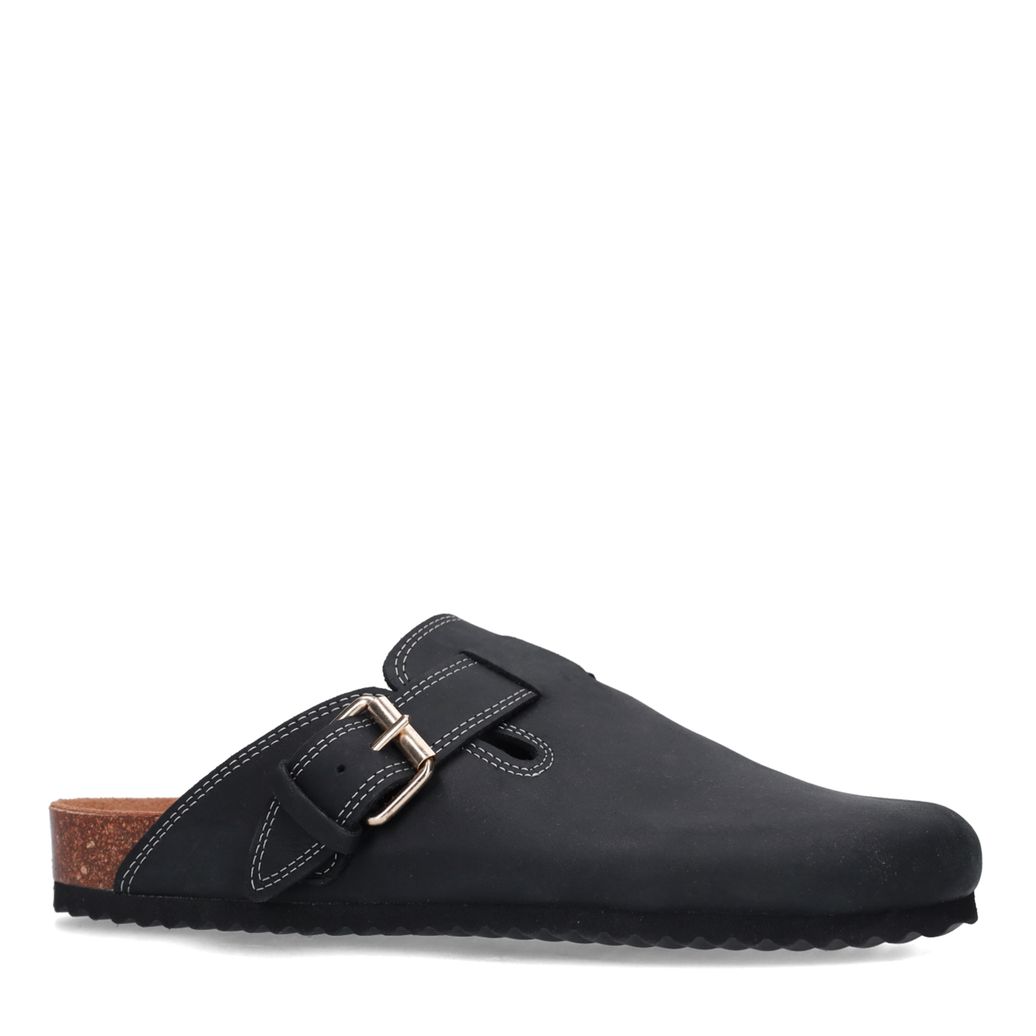 Zwarte leren clogs met gesp