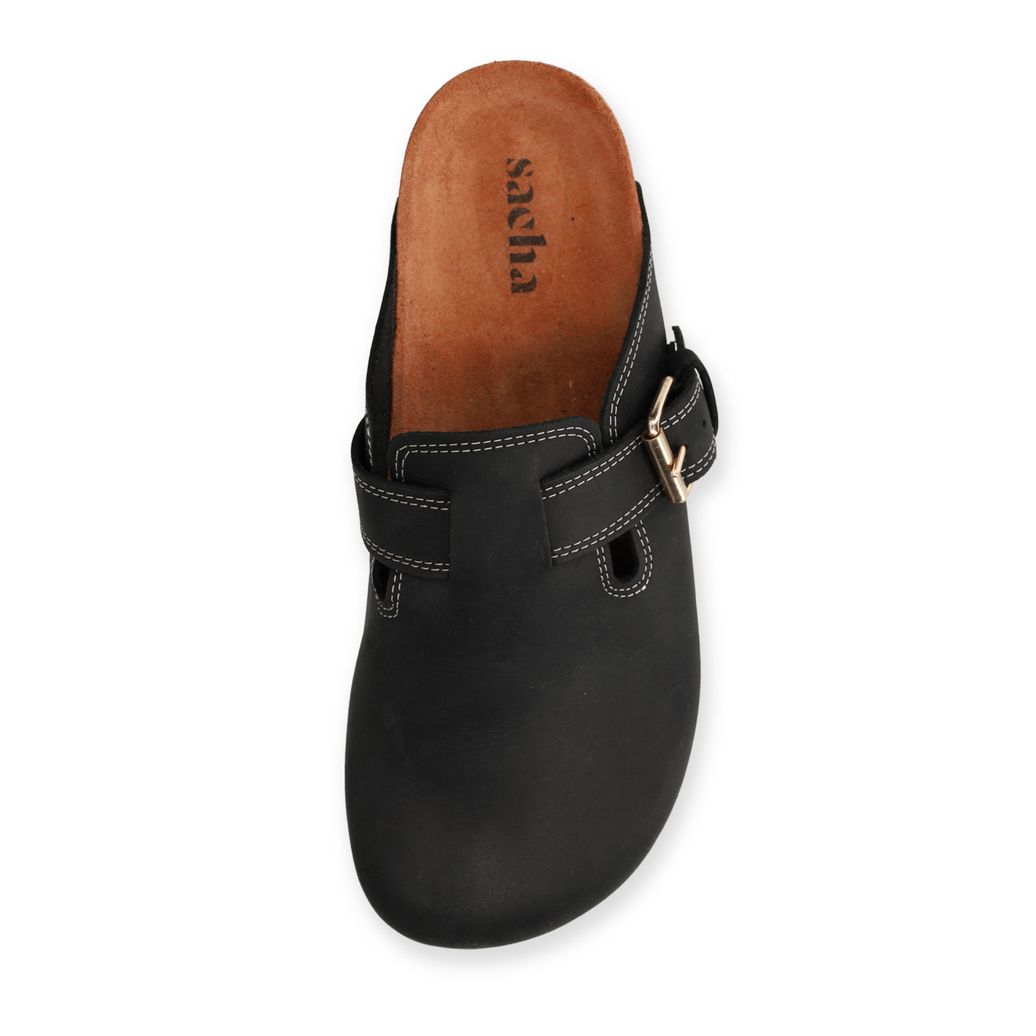 Zwarte leren clogs met gesp