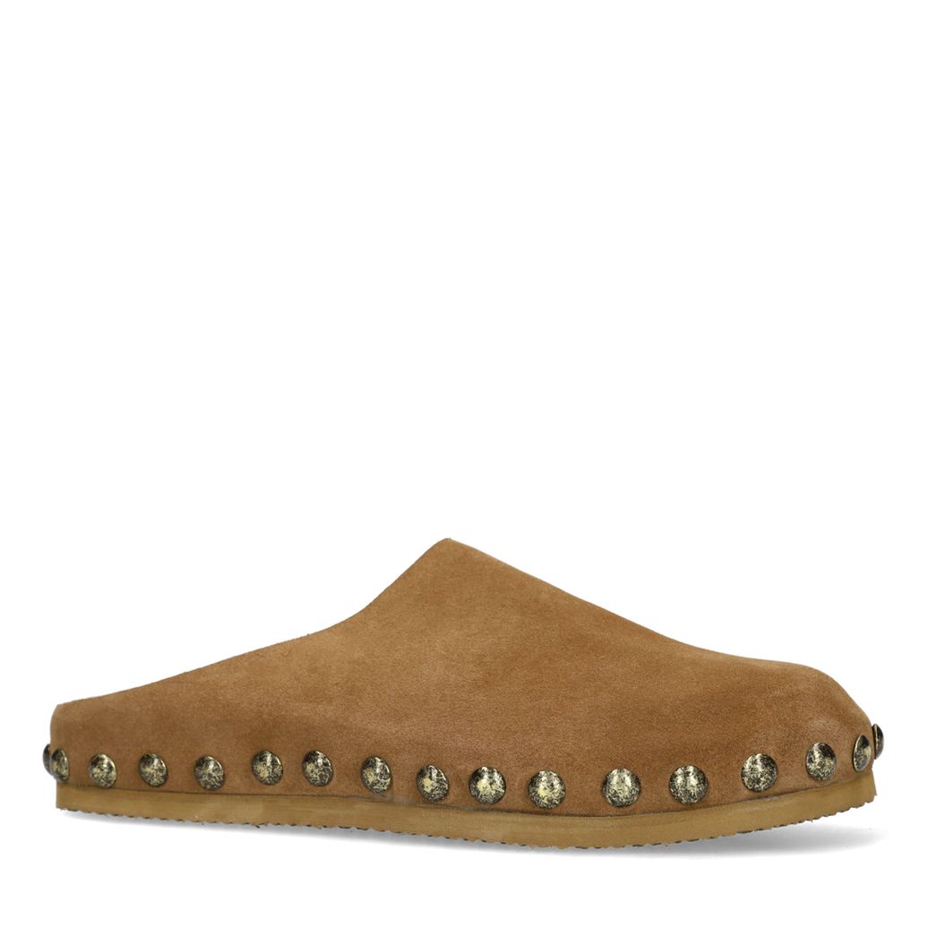 Taupe suède clogs met studs