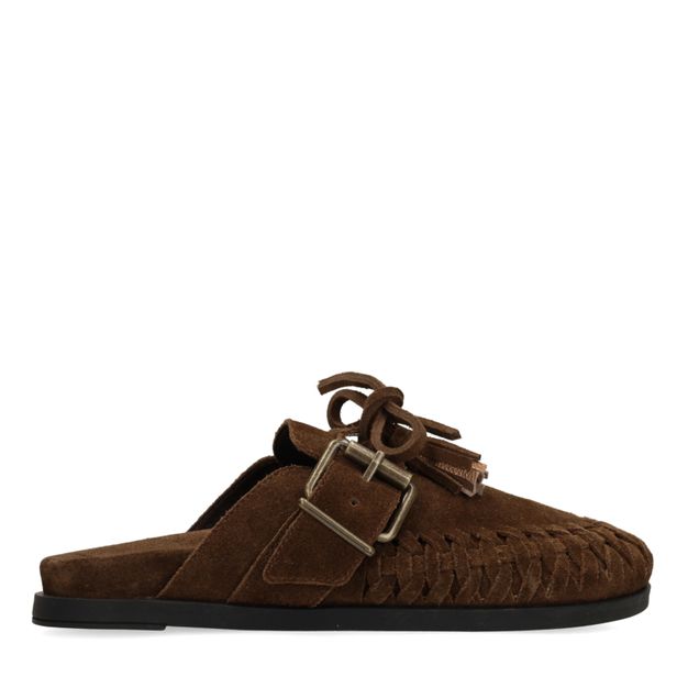 Bruine suède clogs met franjes