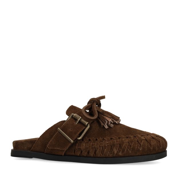 Bruine suède clogs met franjes