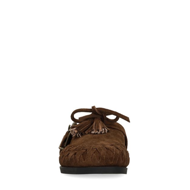 Bruine suède clogs met franjes