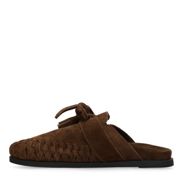 Bruine suède clogs met franjes