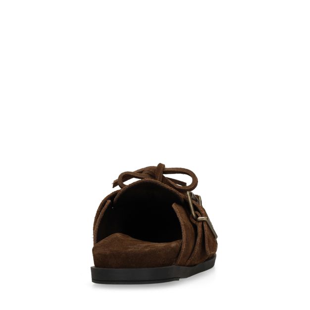 Bruine suède clogs met franjes