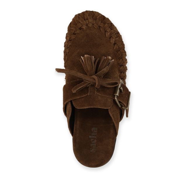 Bruine suède clogs met franjes